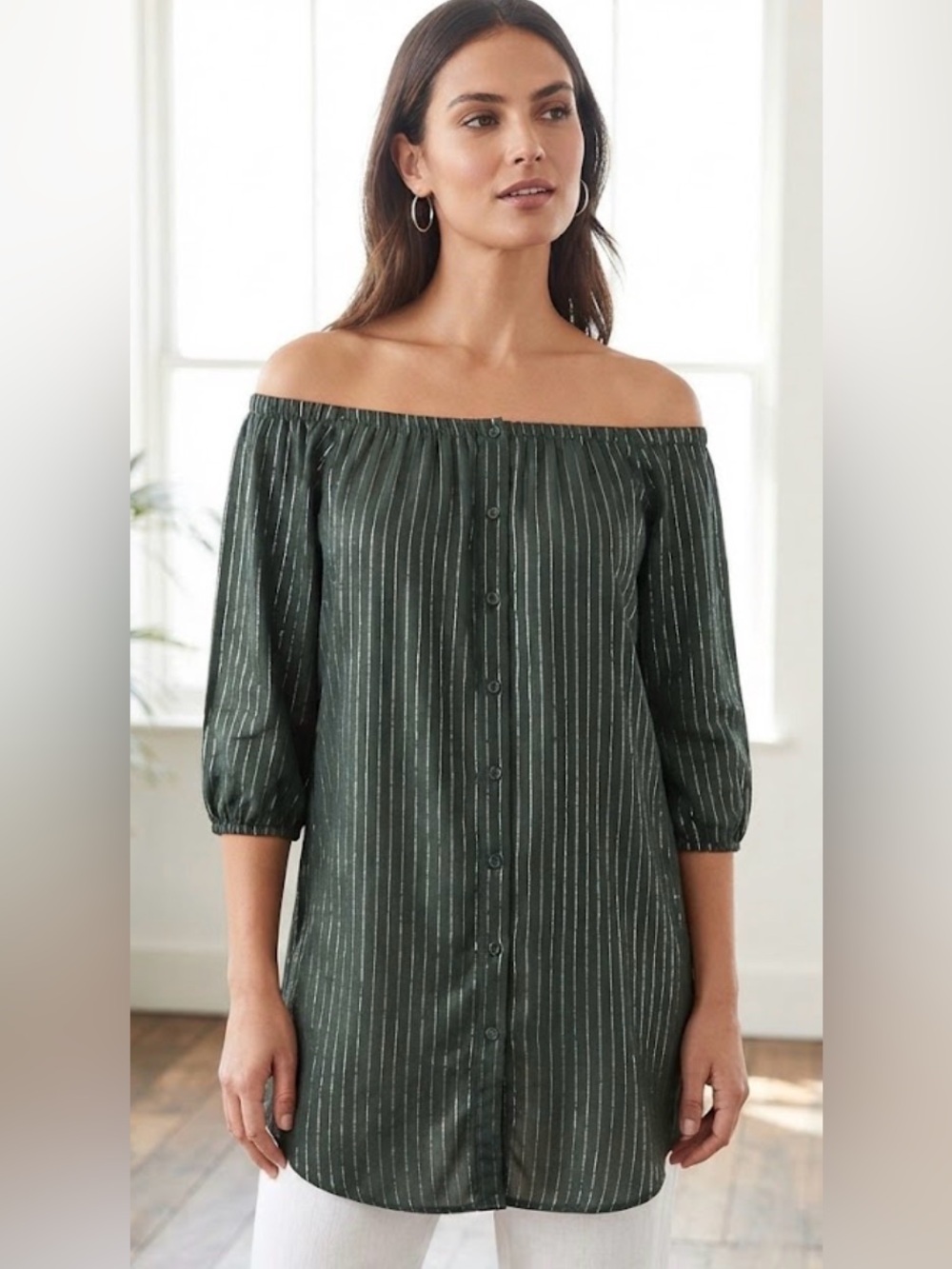 Paper Moon Green White Striped Off Shoulder Button Front Tunic Top Size M